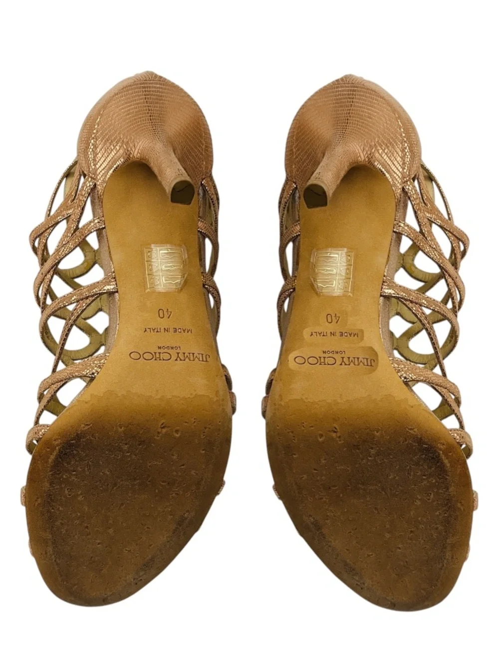 JIMMY CHOO ROSE GOLD METALLIC FIESTA LIZARD PRINT CAGED SANDALS - Picture 6 of 7